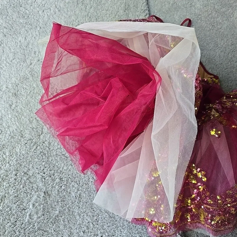 Ballet Dance Fairy Costume Revolution Fucia Maroon Large Child Gold Pink Sequens